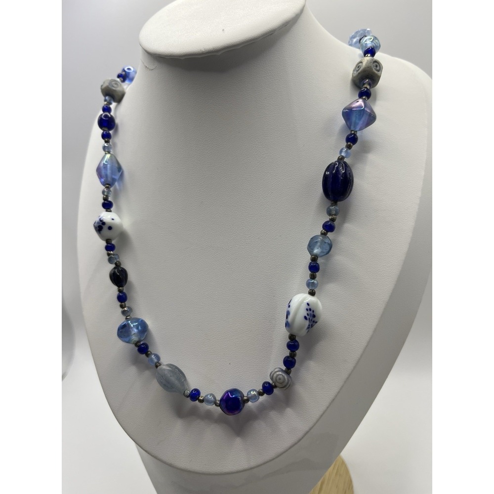 Vintage Blue Art Glass Beaded Necklace White Ceramic Floral Boho Cottagecore